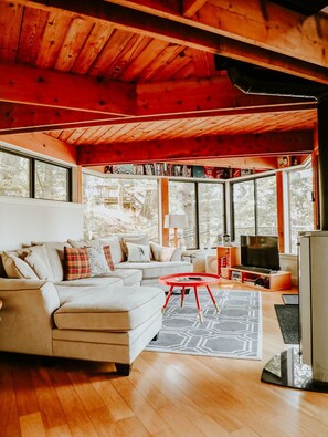 Smart TV, chimenea, libros y estéreo 