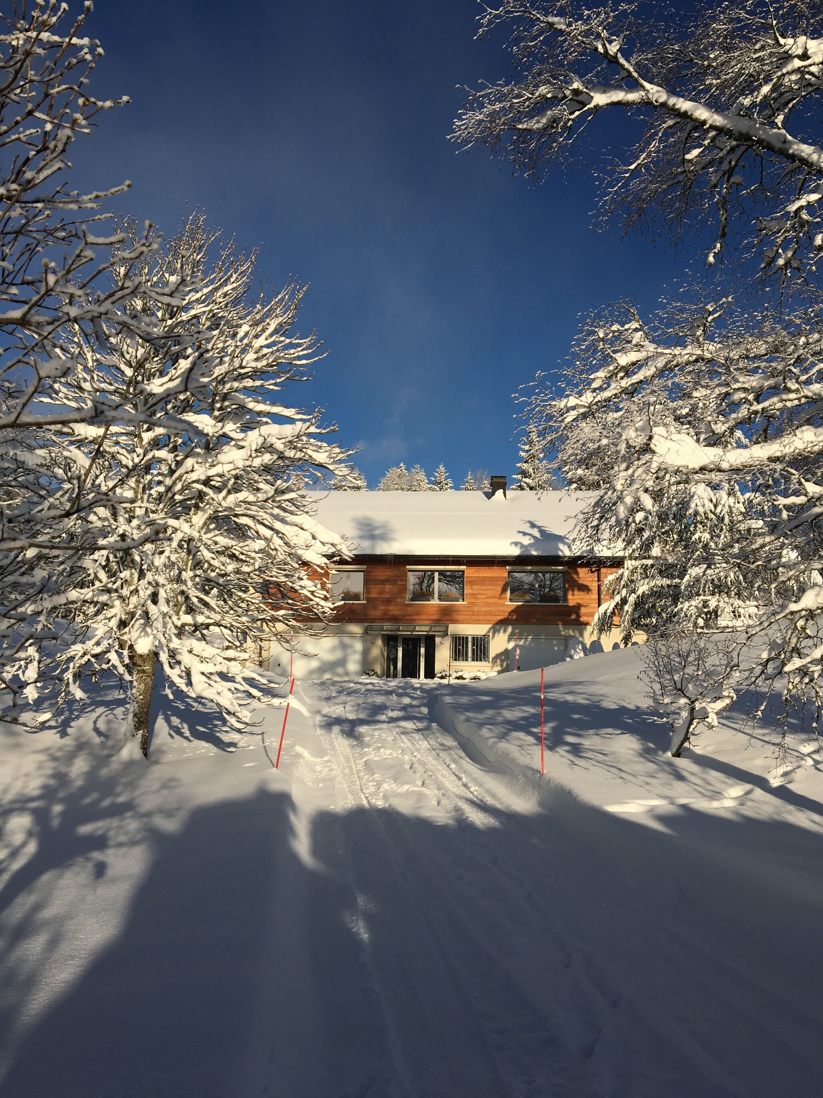 Una cabaña de madera con techo cubierto de nieve, rodeada de árboles cargados de nieve, y un cielo azul despejado.