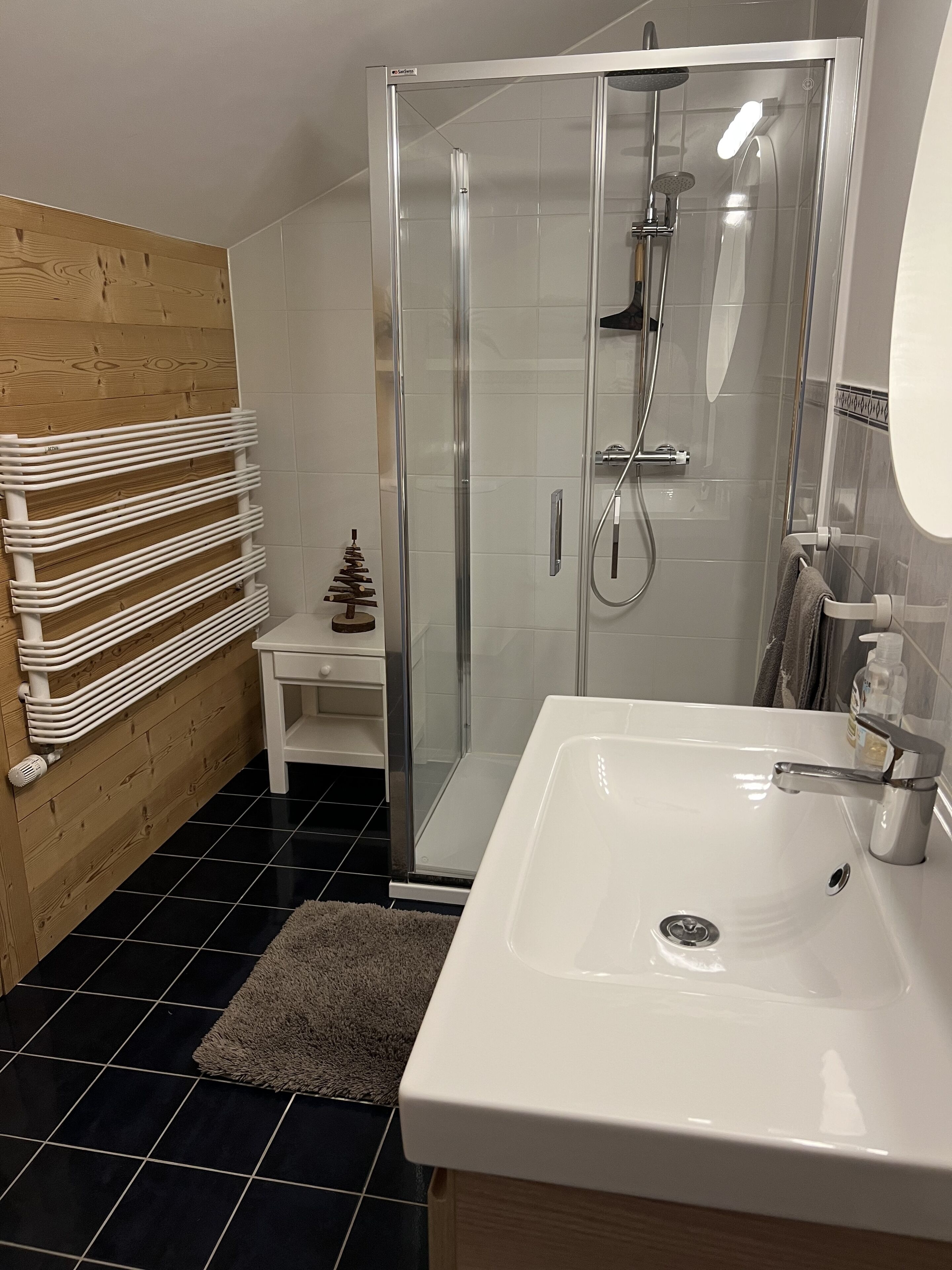 A modern bathroom with a glass shower enclosure, a white sink, and a wooden wall.