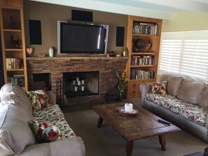 Smart TV, fireplace, video games, DVD player