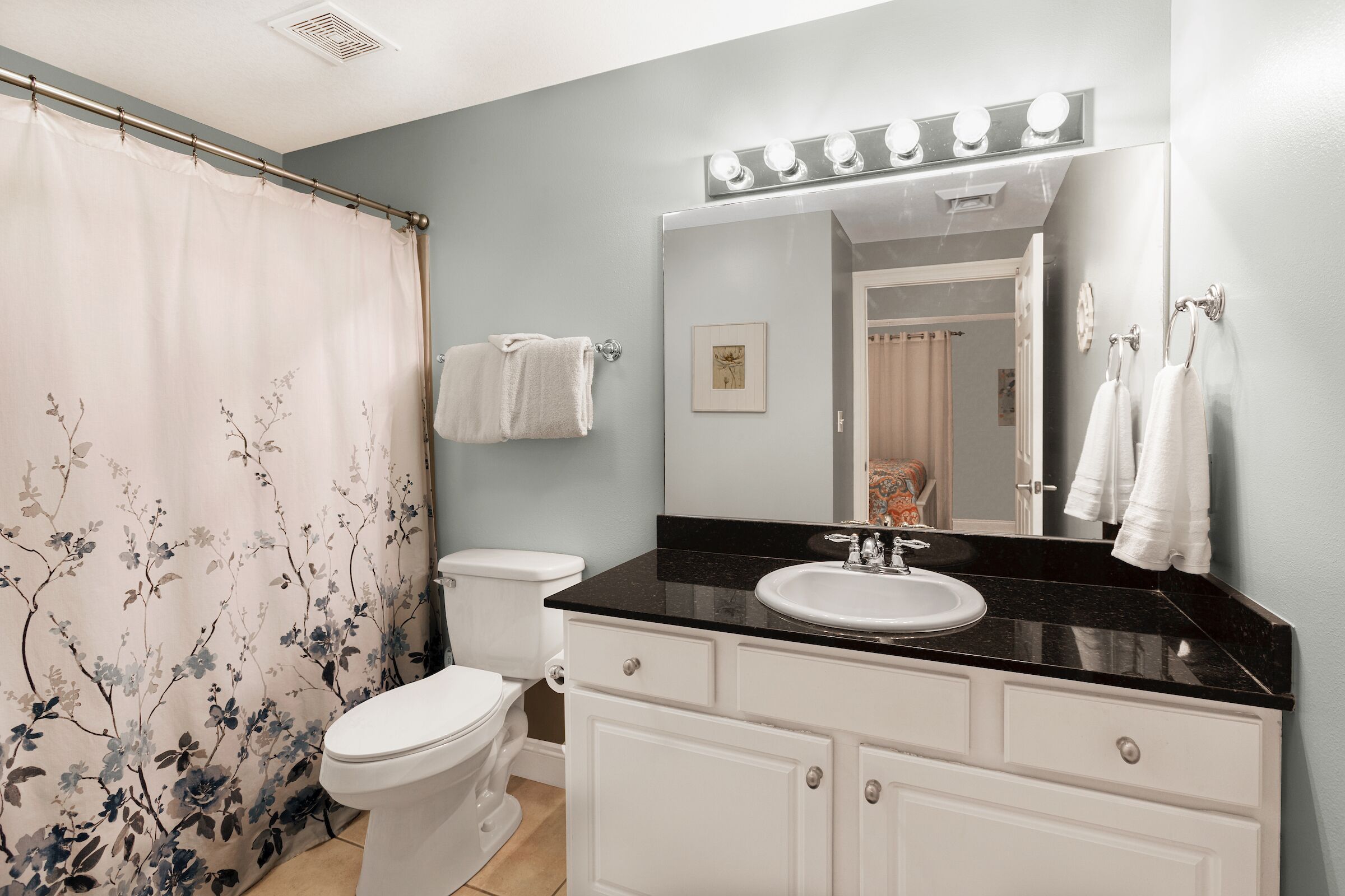 A bathroom with a white toilet, a black countertop sink, and a shower curtain with floral patterns.