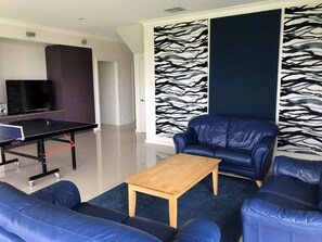 TV, DVD player, foosball, table tennis