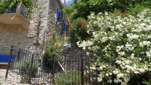 Un mur de pierre surmonté d’une clôture métallique, un bâtiment aux volets bleus et un arbuste aux fleurs blanches.