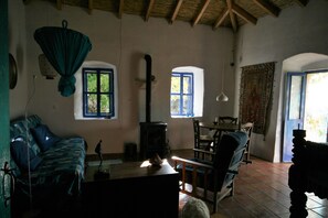 Een open haard, boeken, een muziekbibliotheek en een stereo