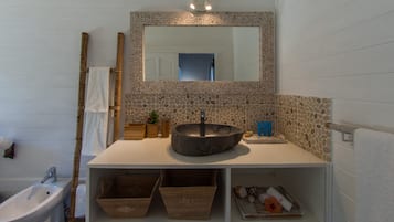 Shower, hair dryer, bidet, towels