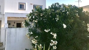 Ein modernes, zweistöckiges Haus mit Ziegeldach, mehreren Antennen und einem Garten mit weiß blühenden Pflanzen.