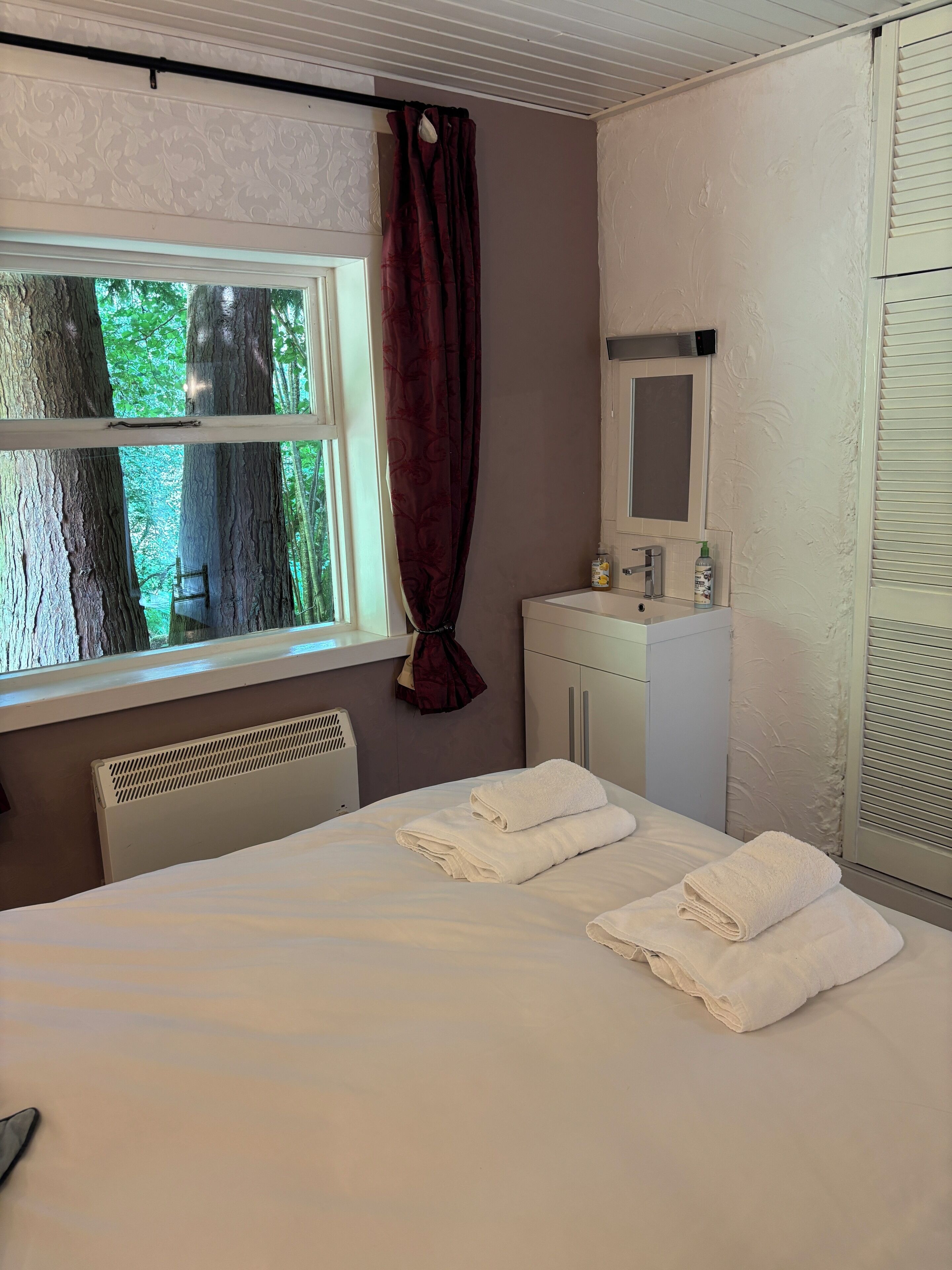 A hotel room with a bed, a window with a view of trees, a radiator, a mirror, and a cabinet.