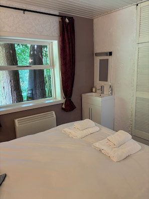 A hotel room with a bed, a window with a view of trees, a radiator, a mirror, and a cabinet.