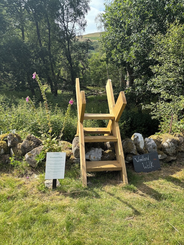 A wooden bench in a natural setting with signs indicating 'Woodland Walk'.
