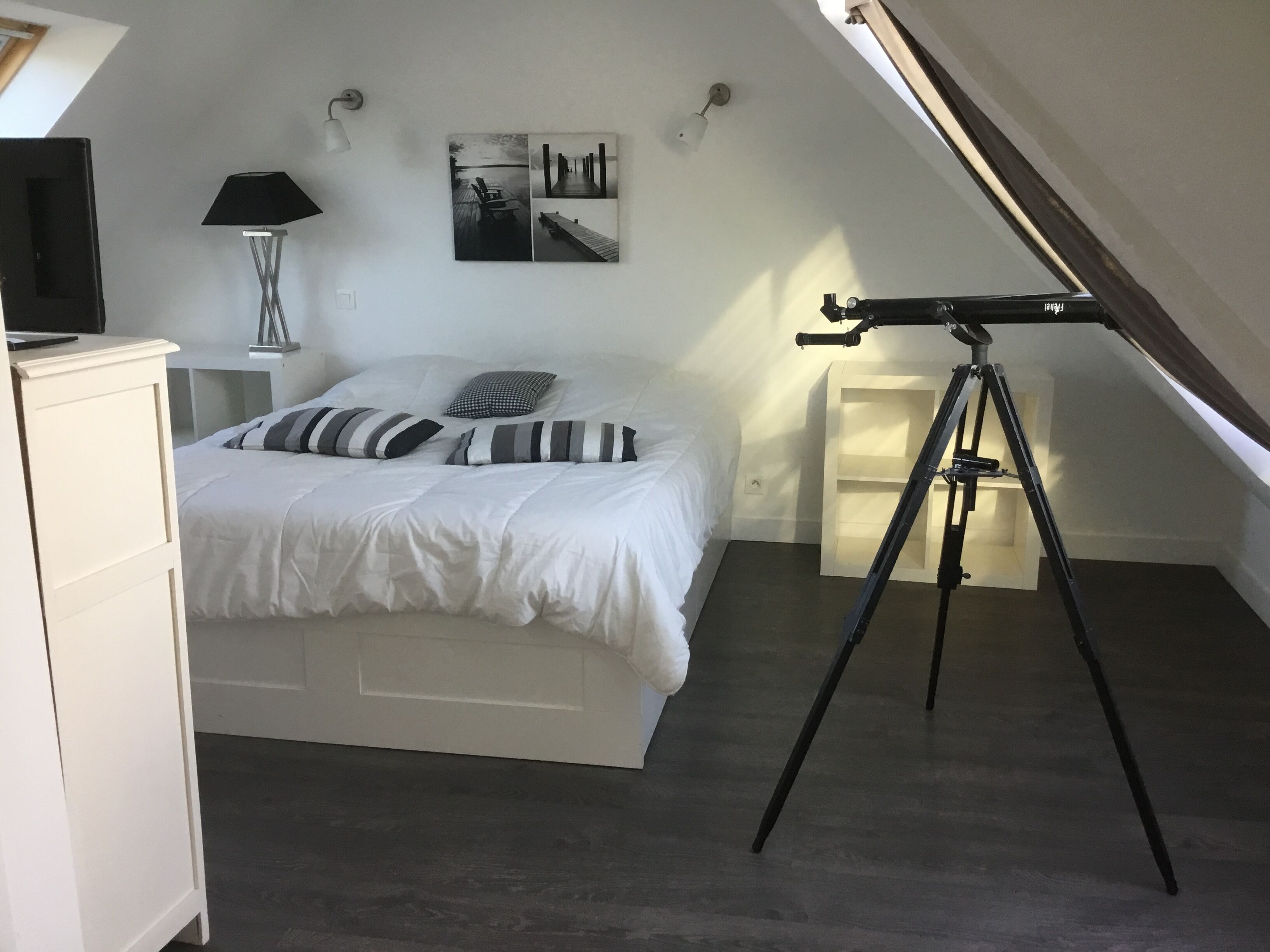 A bedroom with a bed, a desk, a lamp, a telescope, and a wall-mounted picture.