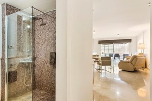 Shower, hair dryer, towels, toilet paper