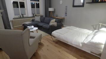 1 bedroom, desk, iron/ironing board, travel crib