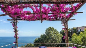Une terrasse avec une table et des chaises, donnant sur la mer.