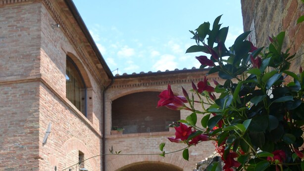 Une cour intérieure avec un bâtiment en briques, une arche et des plantes en fleurs.