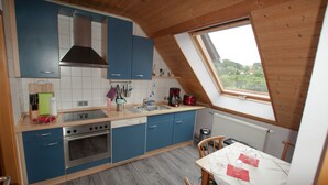 Een keuken met blauwe kastjes, een fornuis en een raam met uitzicht op groen.
