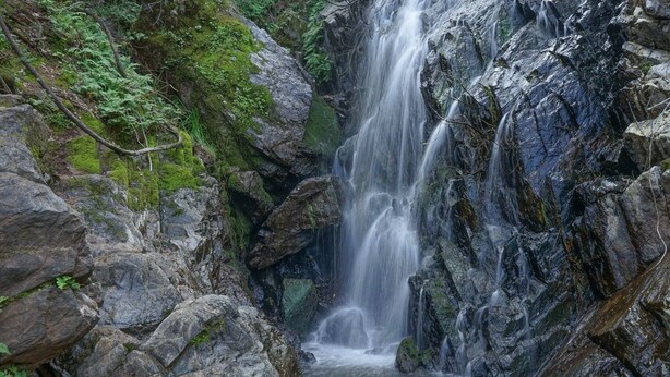 Ein Wasserfall stürzt über felsiges Gelände mit moosbewachsenen Steinen und Farnen.