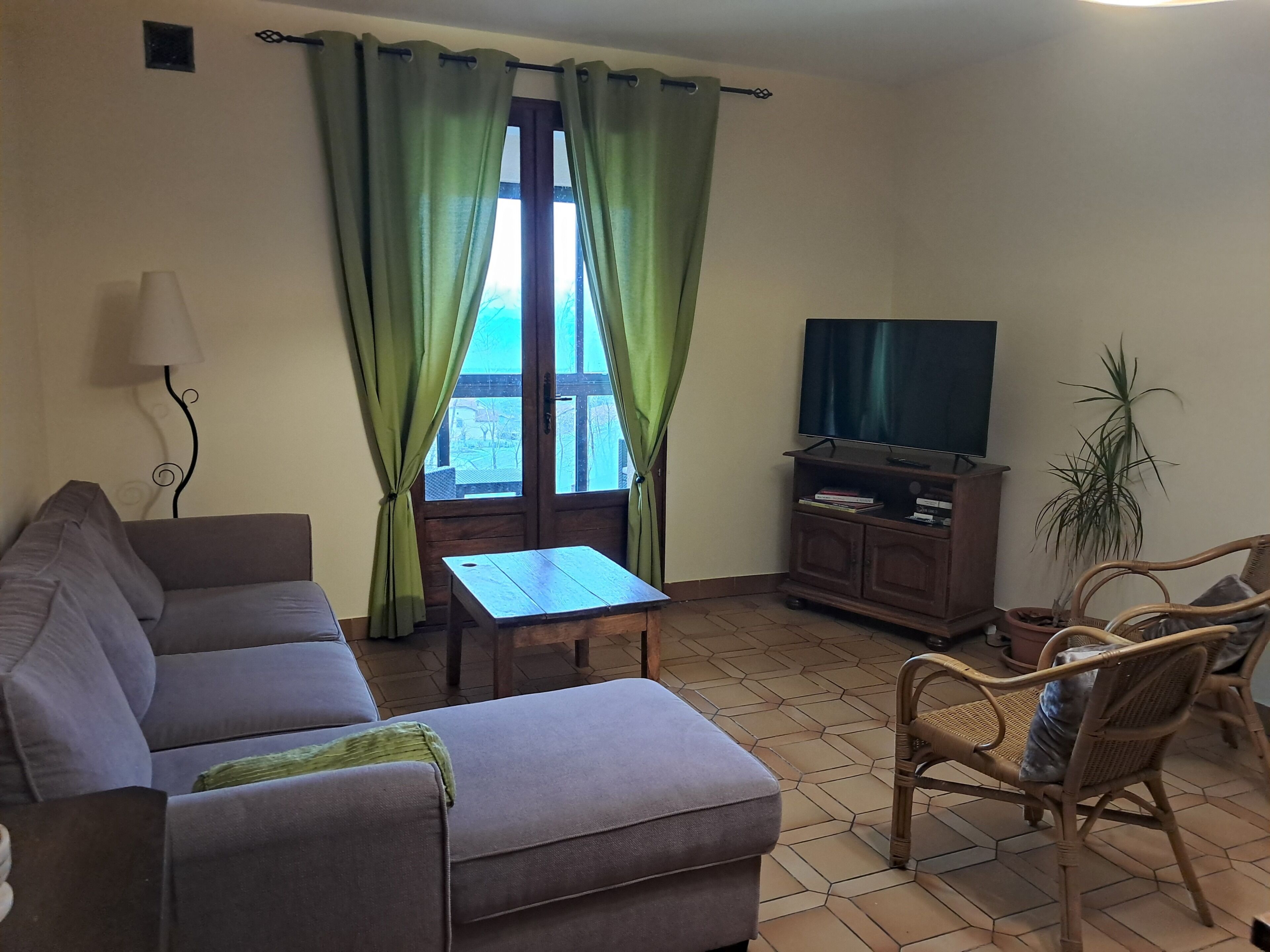 Ein Wohnzimmer mit einer Couch, einem kleinen Tisch, einem Fernseher auf einem Schrank und einer Topfpflanze.