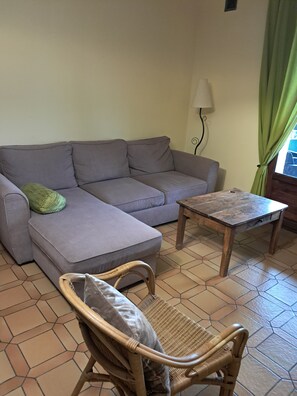 A living room with a grey sofa, a wooden coffee table, and a wicker chair.