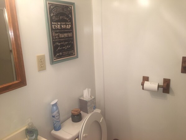 Un baño con inodoro, dispensador de jabón para manos, caja de pañuelos de papel y porta papel higiénico.