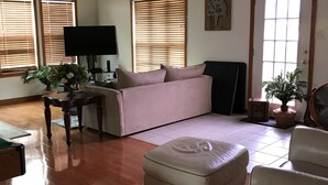 Un salon comprenant un canapé, un pouf et une table basse. On y trouve également un téléviseur posé sur un meuble, une plante en pot et une fenêtre avec des stores.