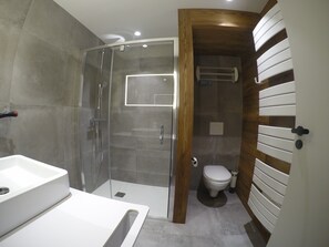 Ein modernes Badezimmer mit einer Duschkabine, einem weißen Waschbecken und einer Toilette.