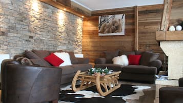 TV, fireplace, books, stereo