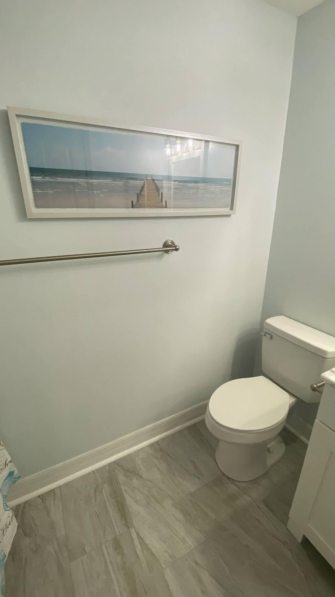 Un baño con inodoro, barra de apoyo y un cuadro de una playa.