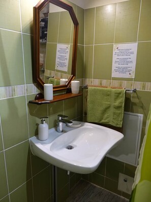 Chuveiro, secador de cabelo, toalhas de banho, sabonete