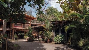 A rustic wooden building with a covered porch, surrounded by lush tropical vegetation. - Luquillo Beach Getaway – Cozy Coastal Condo Steps from  Playa Azul (Luquillo)