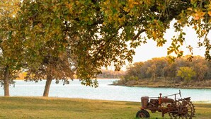 A tractor near a body of water, surrounded by trees and grass.