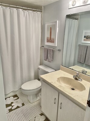 Une salle de bain équipée de toilettes, d’un lavabo et d’un rideau de douche.