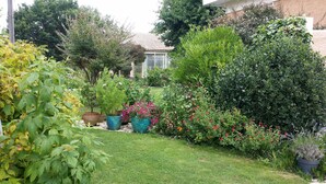 Een verzorgde tuin met verschillende planten en bloemen, een gazon en een gebouw op de achtergrond.