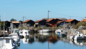 Een jachthaven met verschillende boten die aanmeren, omringd door gebouwen met rode daken.