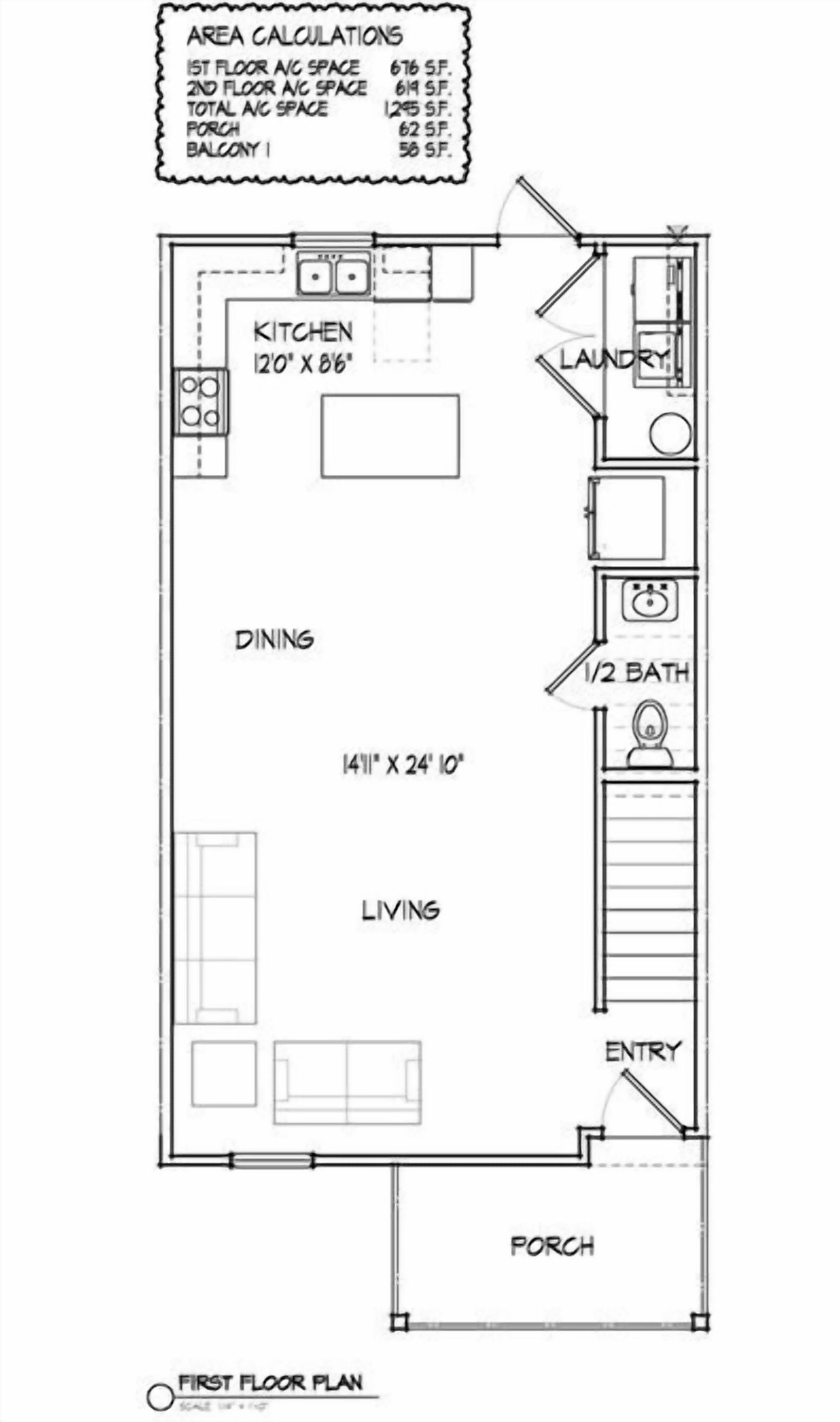 Plano de planta de un edificio residencial en el primer piso, con cocina, comedor, sala de estar, aseo, entrada y porche.