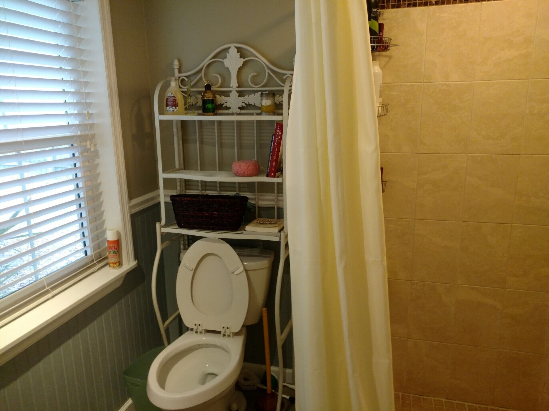 A bathroom with a toilet, a shelf with toiletries, and a window with blinds.