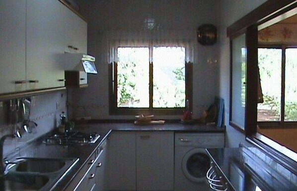 A compact kitchen with a sink, stove, and a washing machine. - Rural apartment Racó de les Heures for 8 people (Arbolí)