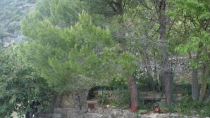 A stone structure with a small archway, surrounded by dense greenery and trees. - Rural apartment Racó de les Heures for 8 people (Arbolí)