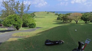 A golf course with a view of the ocean, a golf bag, and a putting green. - No Shirt, No Shoes, No Steps.  Visit Easy Street In St. Croix! (Christiansted)