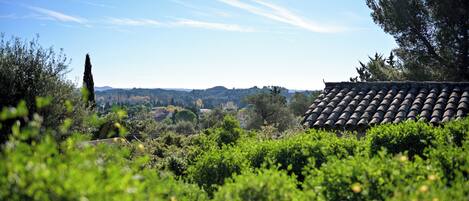 A view of a rural landscape with a tiled roof house, surrounded by greenery and hills in the distance.