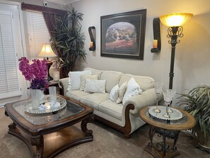 TV, fireplace, DVD player, video library
