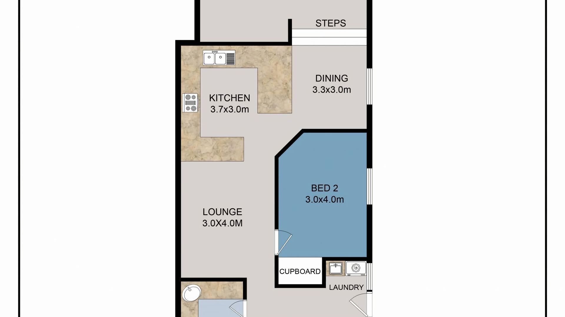 A floor plan with a kitchen measuring 3.7x3.0m, a dining area of 3.3x3.0m, a lounge of 3.0x4.0m, and a bed area of 3.0x4.0m.