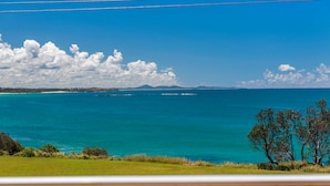 A coastal landscape with a clear view of the sea, distant land, and a few trees. - Jambi Ocean View - oceanfront Woolgoolga (Woolgoolga)