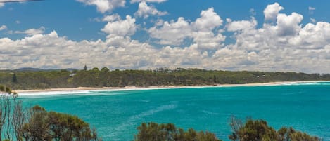 A coastal landscape with a clear sky, turquoise sea, and a line of trees in the foreground.