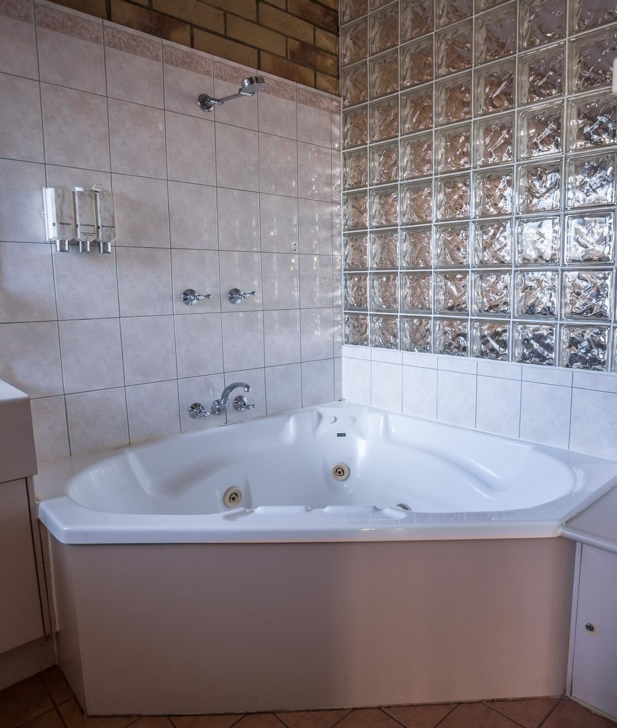 Un baño con una bañera grande, ducha y pared de bloques de vidrio.