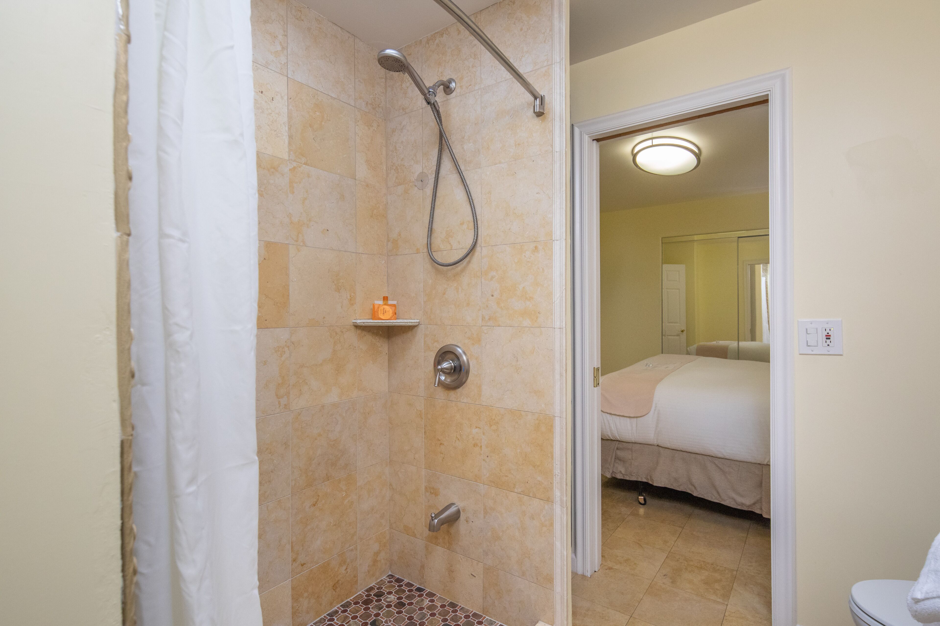 Une salle de bain avec une douche, des toilettes et un lit dans la pièce adjacente.