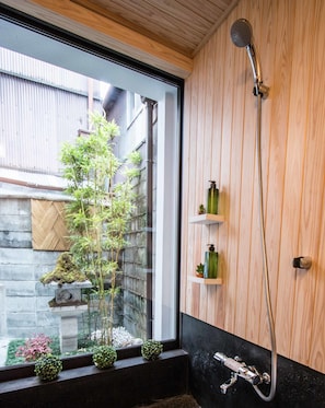 Private Vacation Home | Bathroom | Separate bathtub and shower, deep-soaking bathtub - Instaworthy Gion Kyo-Machiya near Kamo river (Kyoto)