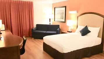 Desk, laptop workspace, blackout drapes, soundproofing