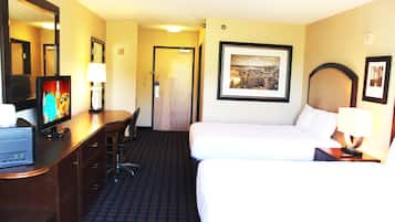 Desk, laptop workspace, blackout drapes, soundproofing