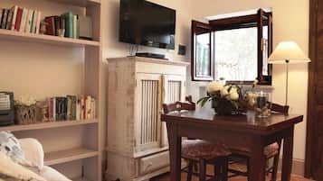 Smart TV, DVD player, books, video library