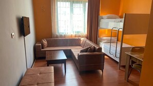 Ein kleines Zimmer mit einer Schlafcouch, einem kleinen Tisch, einem Etagenbett und einem an der Wand befestigten Fernseher.